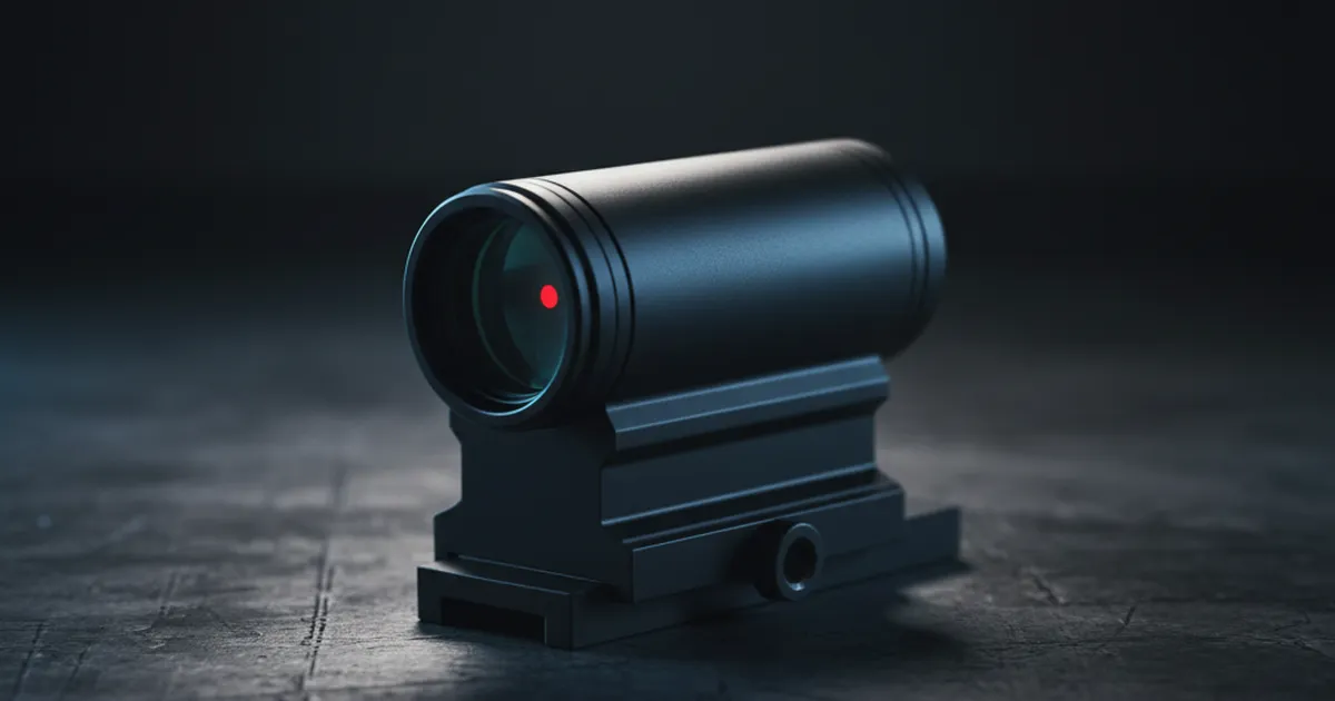 A tube-style 1x red dot sight on a dark surface with blue rim light