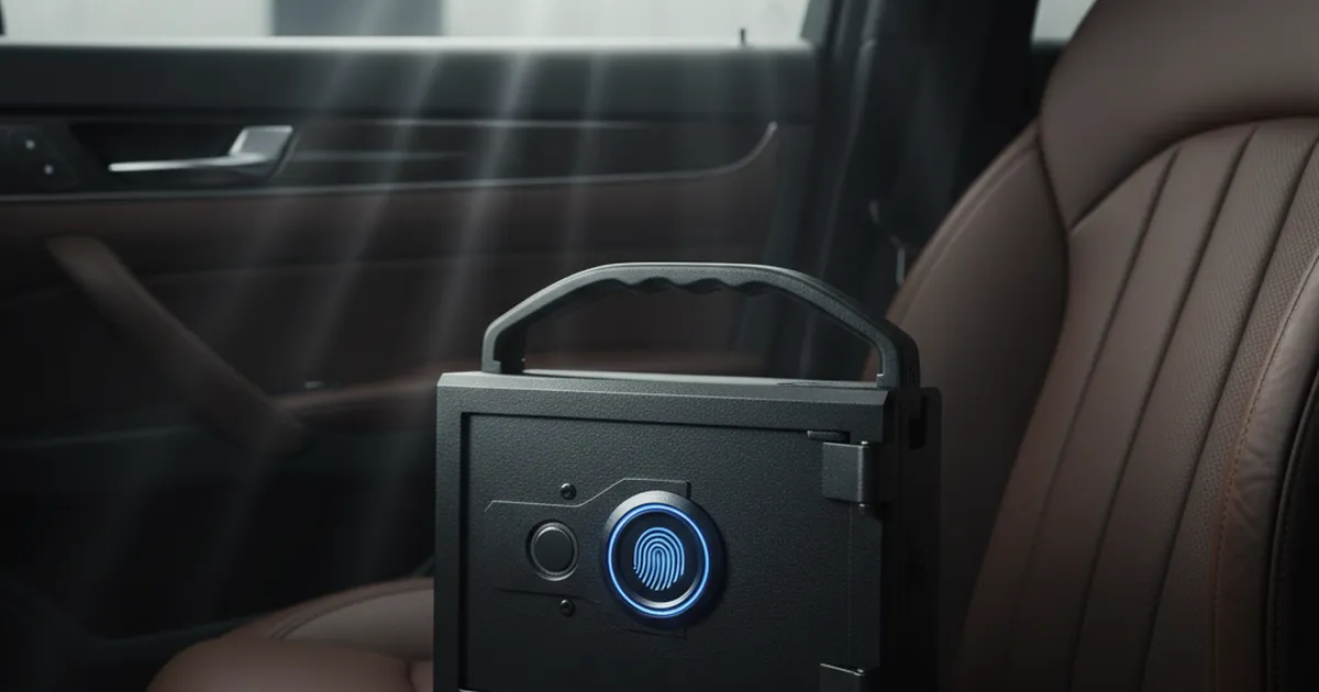 A compact biometric car gun safe on a vehicle seat in low light