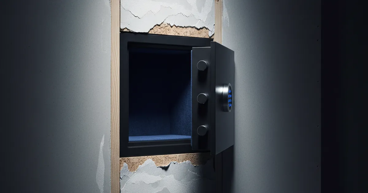 A matte-black in-wall gun safe recessed between wall studs, partly open