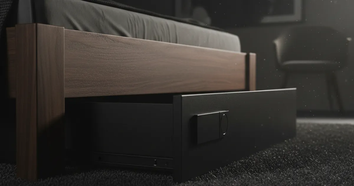 A matte-black under-bed rifle drawer safe in a dim bedroom