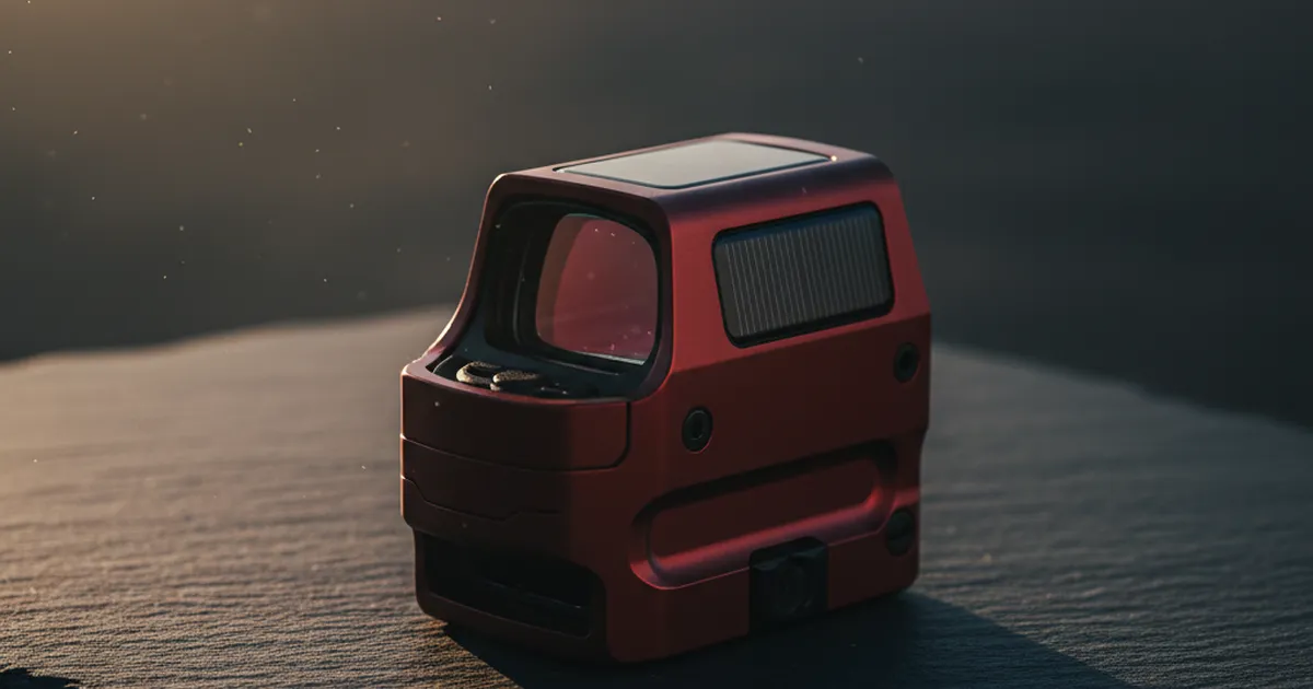 A solar-powered red dot reflex sight on a dark surface